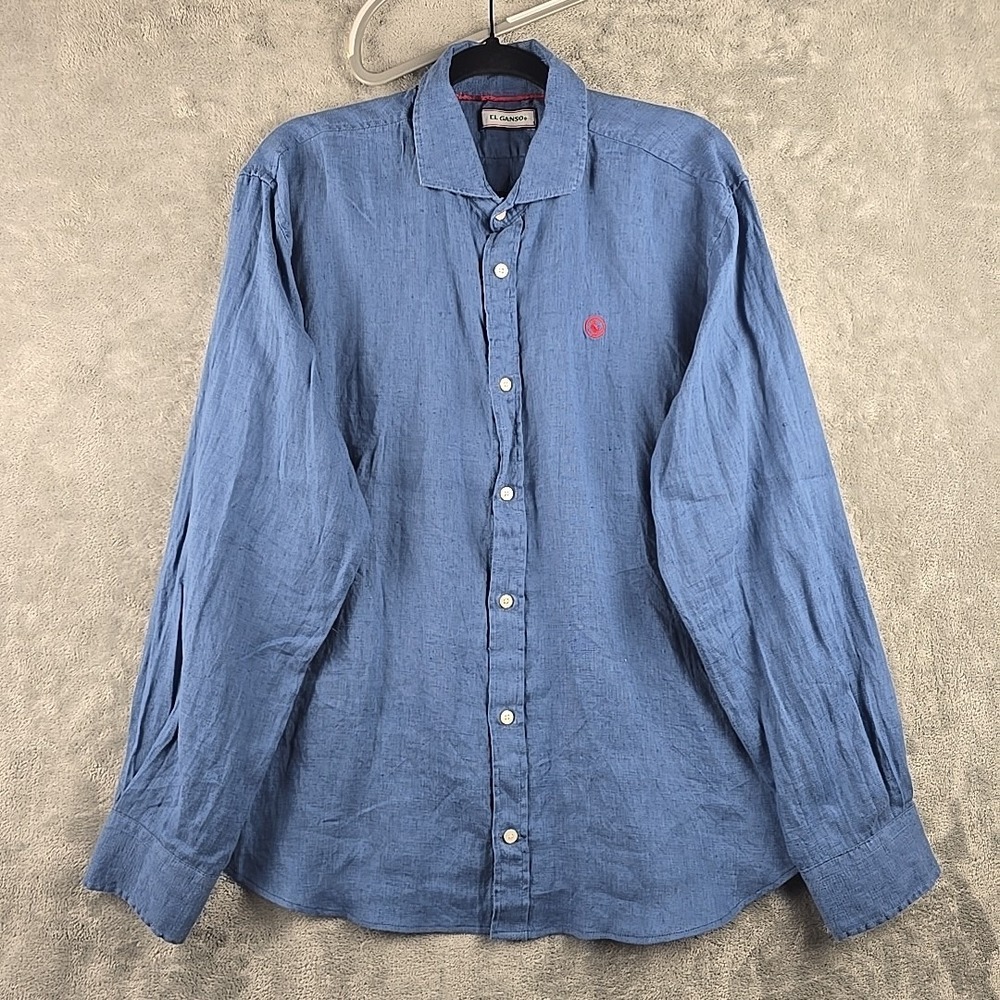 El Ganso Linen Shirt Mens XL Blue Cutaway Collar Button Up Long Sleeve Dress